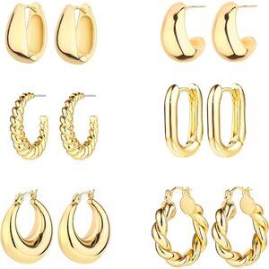 Women Gold 6 Pairs 14K Hoop Earrings Lightweight Chunky Multipack Hypoallergenic